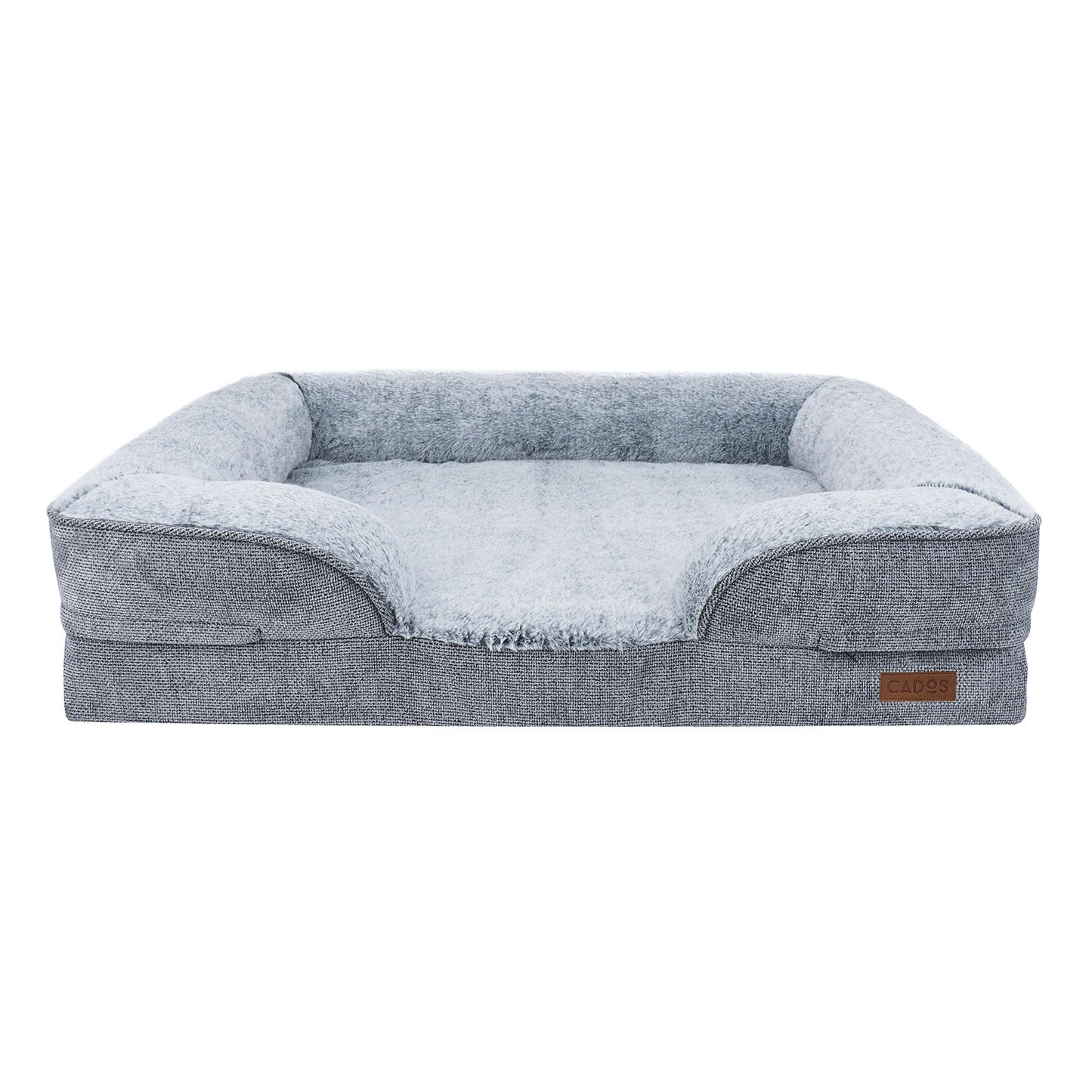 A plush orthopedic support mattress bed for dogs, made of memory foam and covered in grey fabric, with a soft faux fur top.