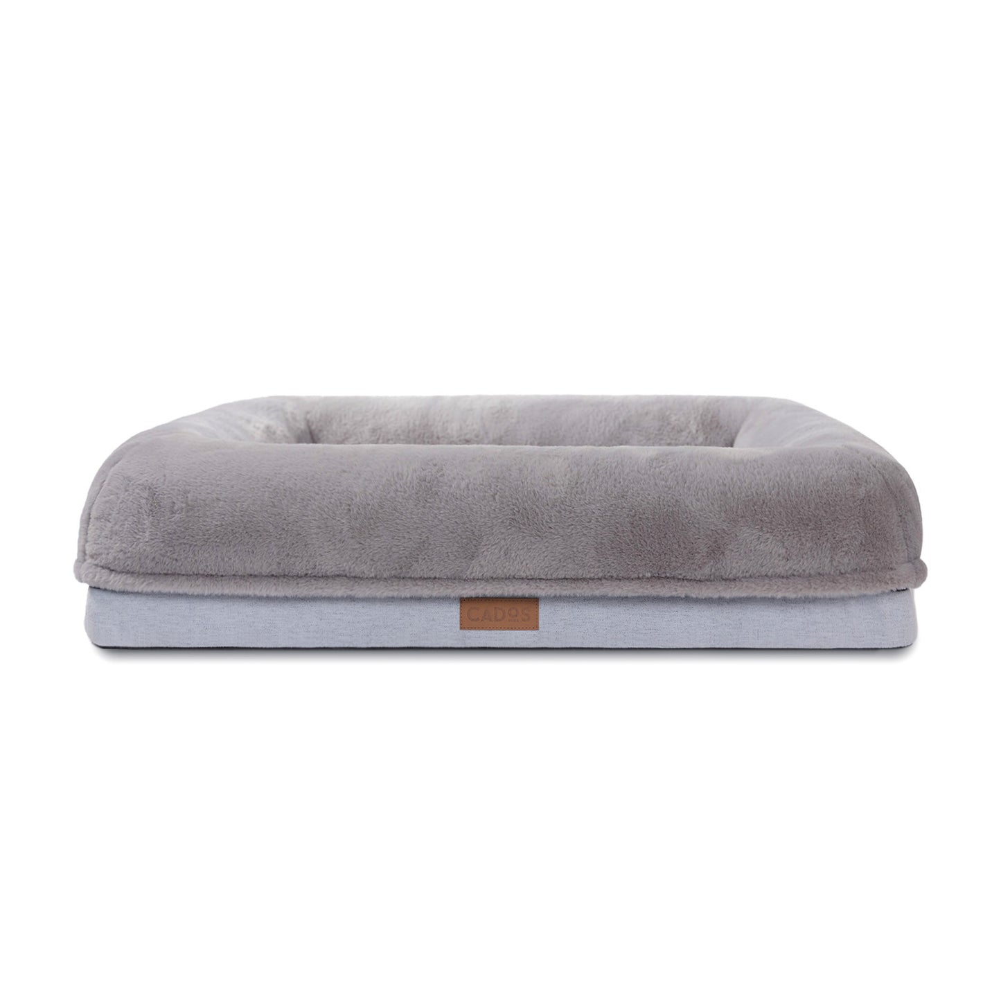 A large grey orthopaedic support snuggly mattress bed for pets, with plush fabric covering and a non-slip base.