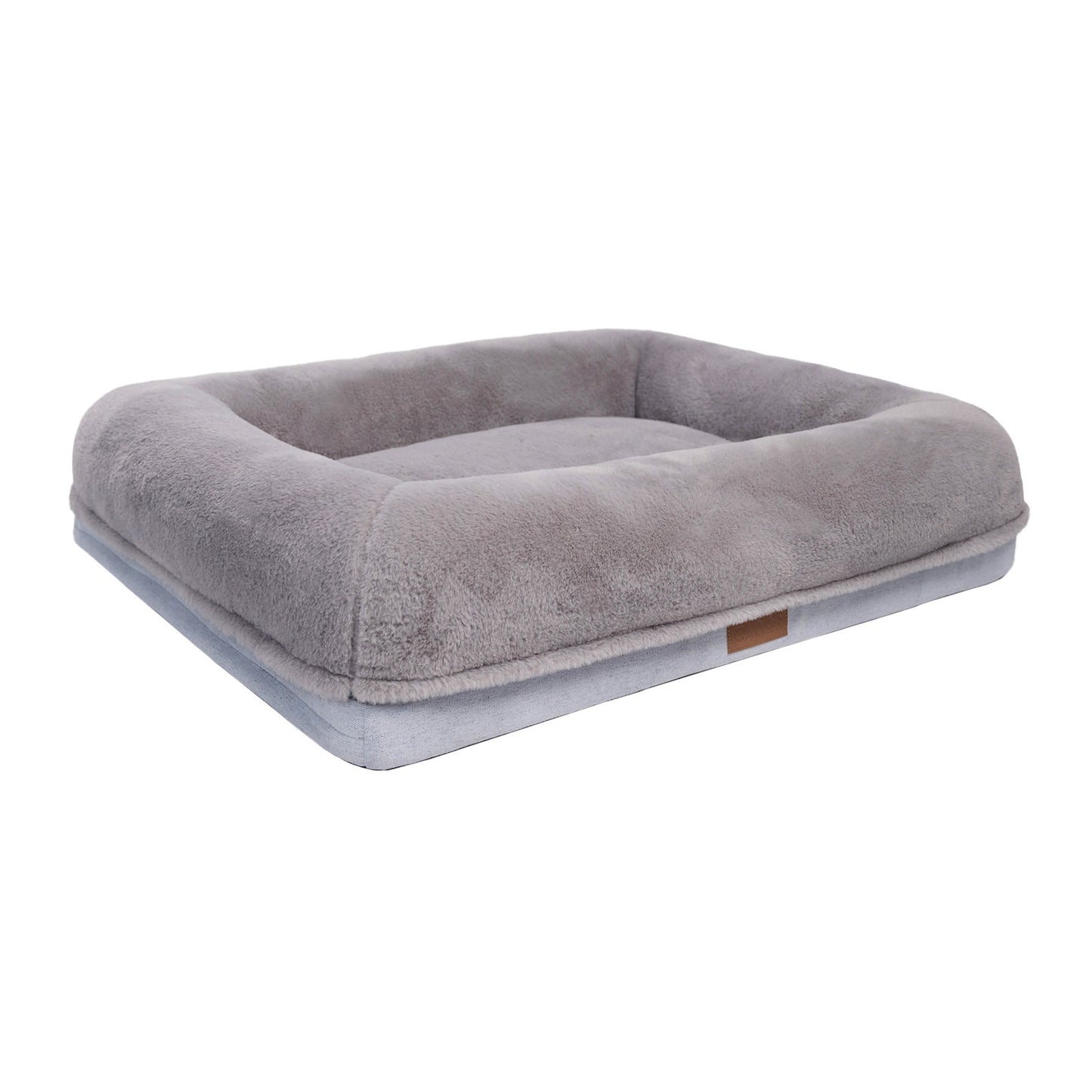 A large grey orthopaedic support snuggly mattress bed for pets, with plush fabric covering and a non-slip base.